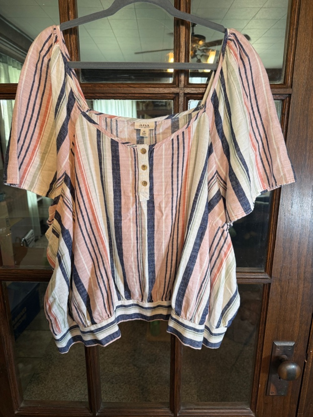 ana A New Approach Women 4X Pink Navy Stripe Linen Blend Smocked Henley Blouse